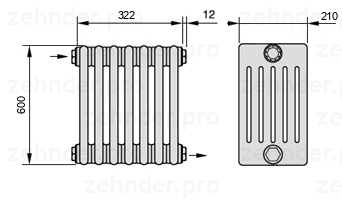 Схема (чертеж) Радиатор Zehnder Charleston 6060/7 №1670 Белый глянцевый RAL 9016